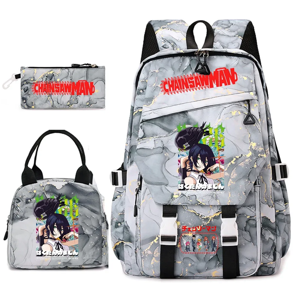 ensemble de sacs à dos pour étudiantes avec imprimé chainsaw man anime, pour filles, avec sac à lunch et trousse à crayons, pour une utilisation quotidienne à l'école