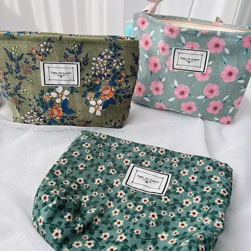trousse à cosmétiques de beauté florale pour femme, trousse de maquillage, broderie coréenne, velours côtelé, grand sac de rangement de lavage et de toilette, poudres, voyage