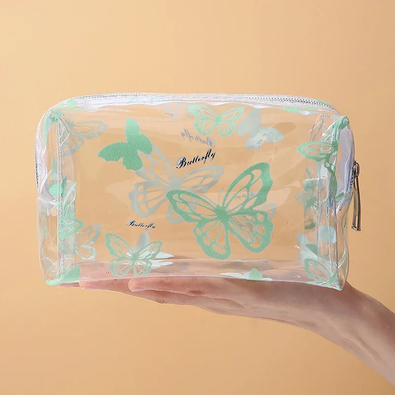 sac de maquillage transparent en pvc imprimé papillon pour femmes, sac de rangement octogonal pour cosmétiques, sac de lavage étanche de grande capacité pour voyage