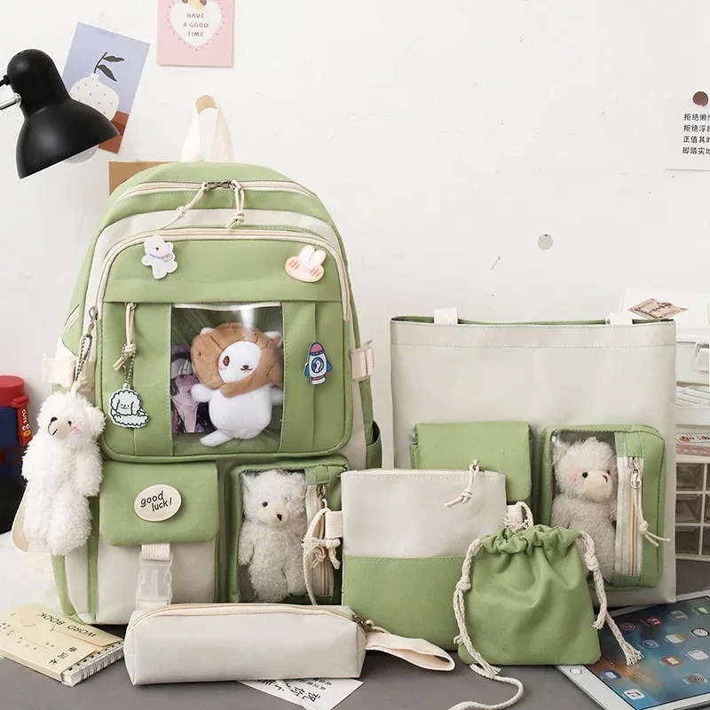 sacs d'école mignons kawaii pour filles, rose, bleu, vert, ensembles de 5 pièces, sac à dos étanche pour femmes, cartable décontracté coréen, mode 2023