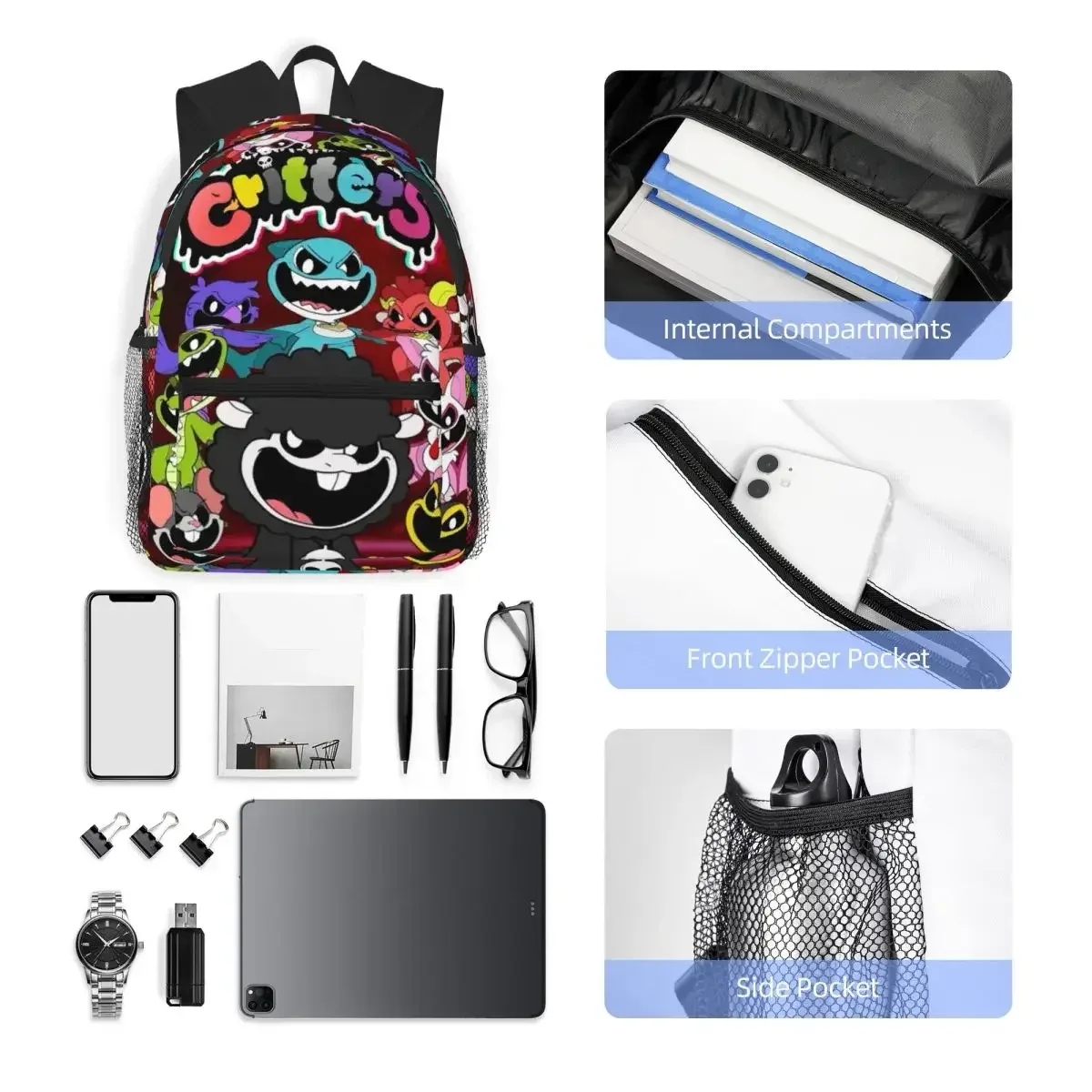 sac à dos d'étudiant avec motif de dessins animés nightmare critters, sac d'école, sac à dos de randonnée, sac de voyage pour hommes et femmes, sac à bandoulière tendance