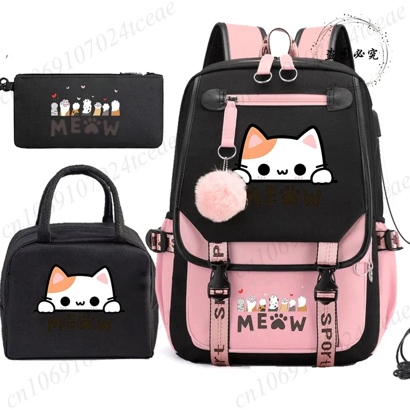 sac à dos scolaire pour adolescents, sac à dos quotidien pour étudiants, sac à dos pour filles, sac à dos scolaire à motif de chat noir, avec sac à lunch et trousse à crayons, 3 pièces/ensemble