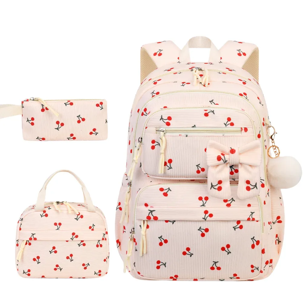 ensemble de 3 sacs à dos, sac à lunch et trousse à crayons à motif de dessin animé, grande capacité, 4 couleurs, ensemble de sacs d'école avec nœud papillon, en tissu de velours côtelé, léger