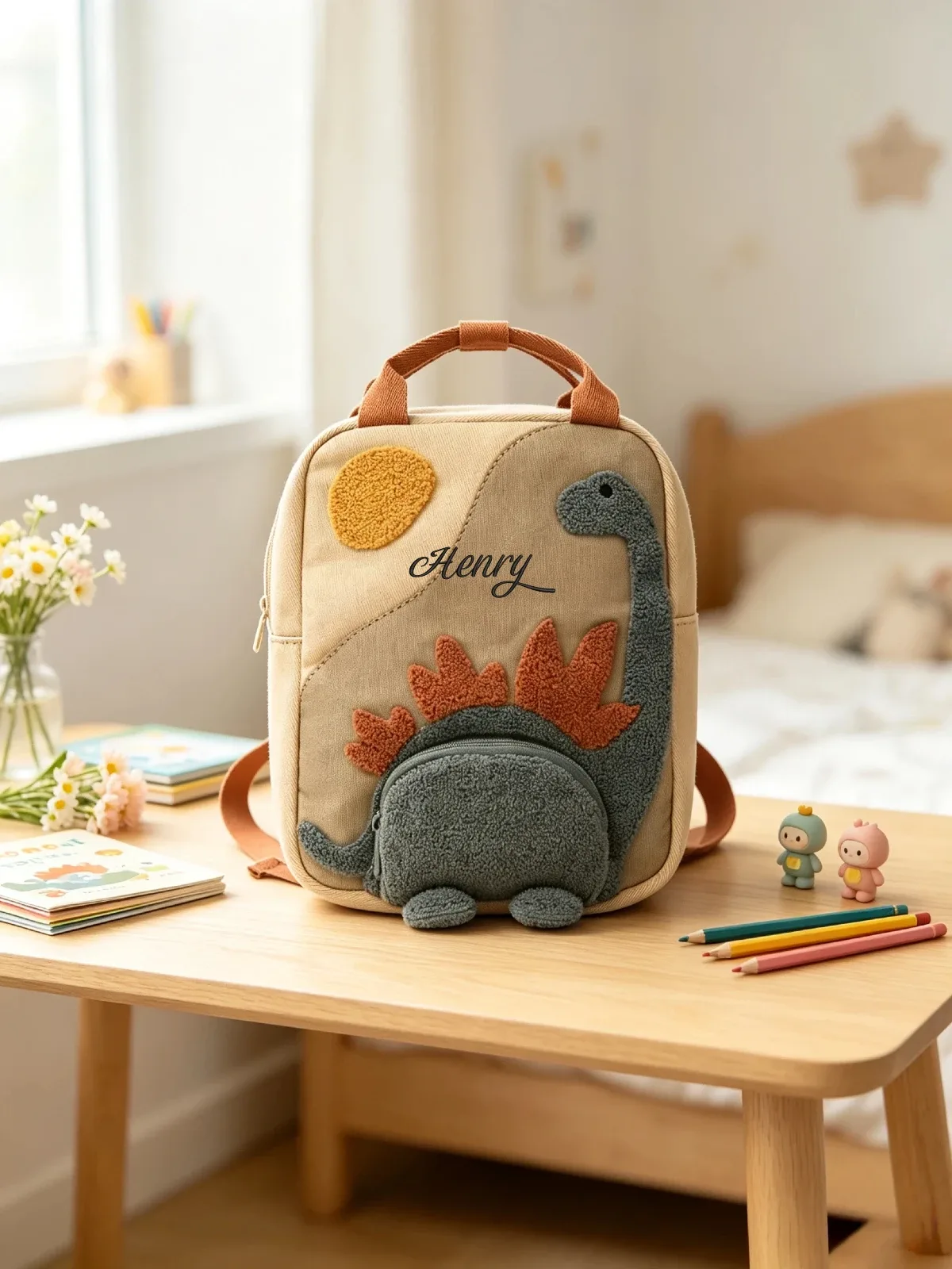 sac à dos de maternelle brodé, motif dessin animé mignon, patchwork, nom personnalisé, cartable pour l'école et les enfants, usage quotidien en extérieur