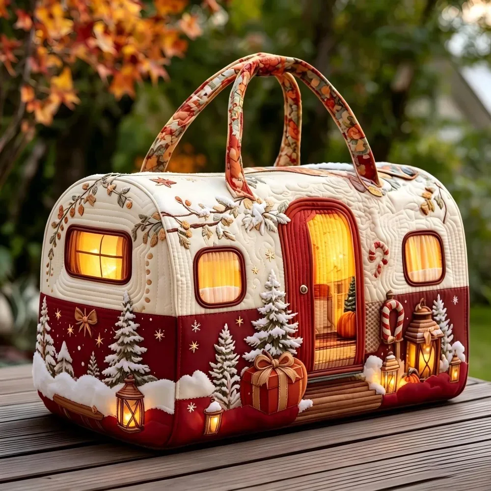 sac à main matelassé vintage de noël pour femme, motif camping-car, broderie 3d neige, citrouille, pin, lanterne, grande capacité, sac de voyage