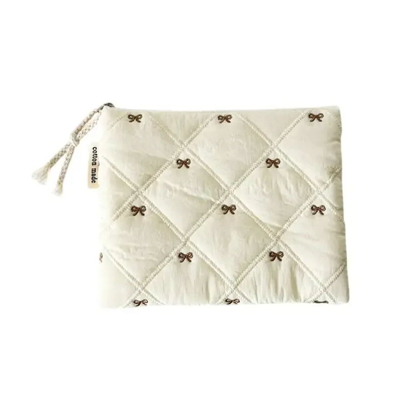 pochette cosmétique matelassée avec nœud brodé, grande capacité, multifonctionnelle, pour papeterie et stylos