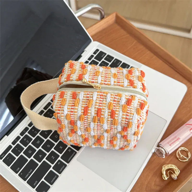 sac à main tissé rayé pour fille, petit sac cosmétique portable, sac de rangement de voyage, sac intérieur color-block pour sac de voyage