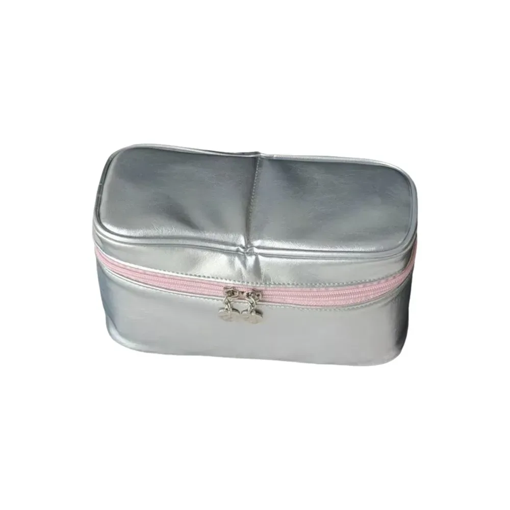 sac de maquillage en cuir pu argenté multifonctionnel grande capacité pochette de rangement cosmétique avec poignée amovible