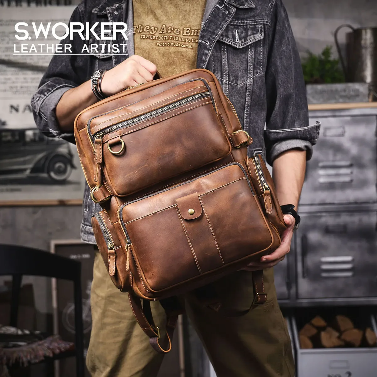 Sac à dos S.WORKER vintage en cuir véritable, sacoche pour ordinateur portable, sac d'école décontracté en cuir Crazy-Horse, sac de voyage et de week-end pour l'extérieur