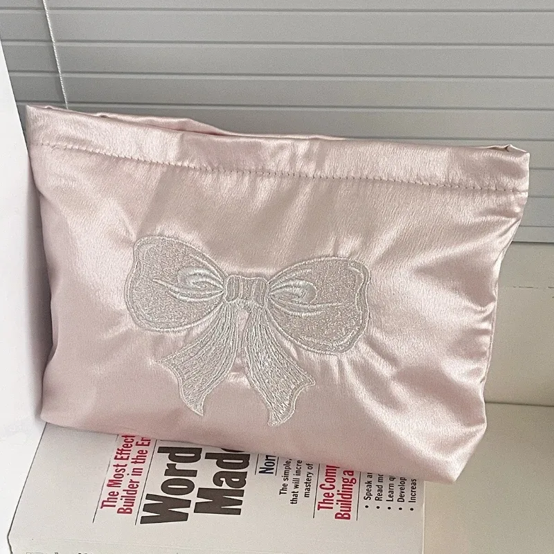 sac à cosmétiques avec nœud rose, fermeture éclair, organisateur de toilette brodé mignon, sacs de maquillage multifonctionnels pour femmes, rouge à lèvres, clé, porte-monnaie