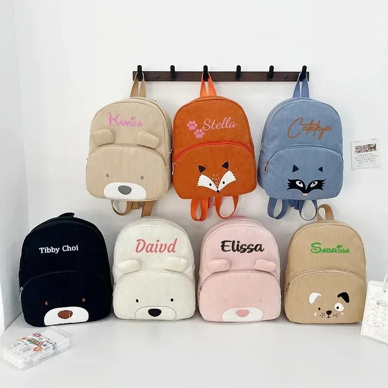 sac à dos pour tout-petits avec nom personnalisé - sac en velours côtelé ours de dessin animé brodé sac à dos en peluche de grande capacité pour la saison scolaire pour les enfants