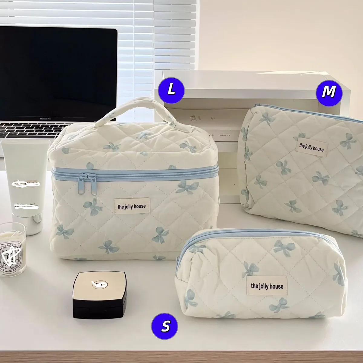 sac de rangement pour cosmétiques en coton matelassé, trousse de toilette de voyage portable, trousse de maquillage à pois vert menthe, grande capacité, style ins