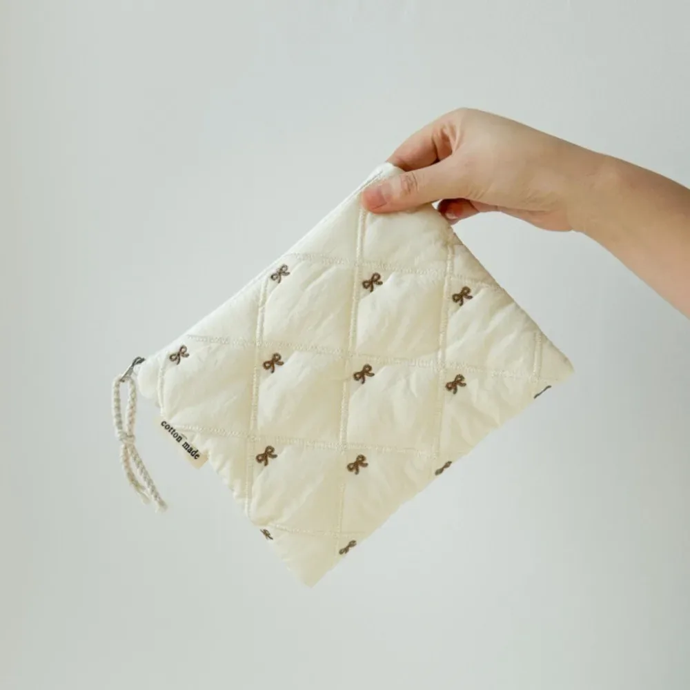 nouvelle trousse de toilette matelassée avec nœud brodé, grande capacité, sac à papeterie multifonctionnel, trousse à stylos