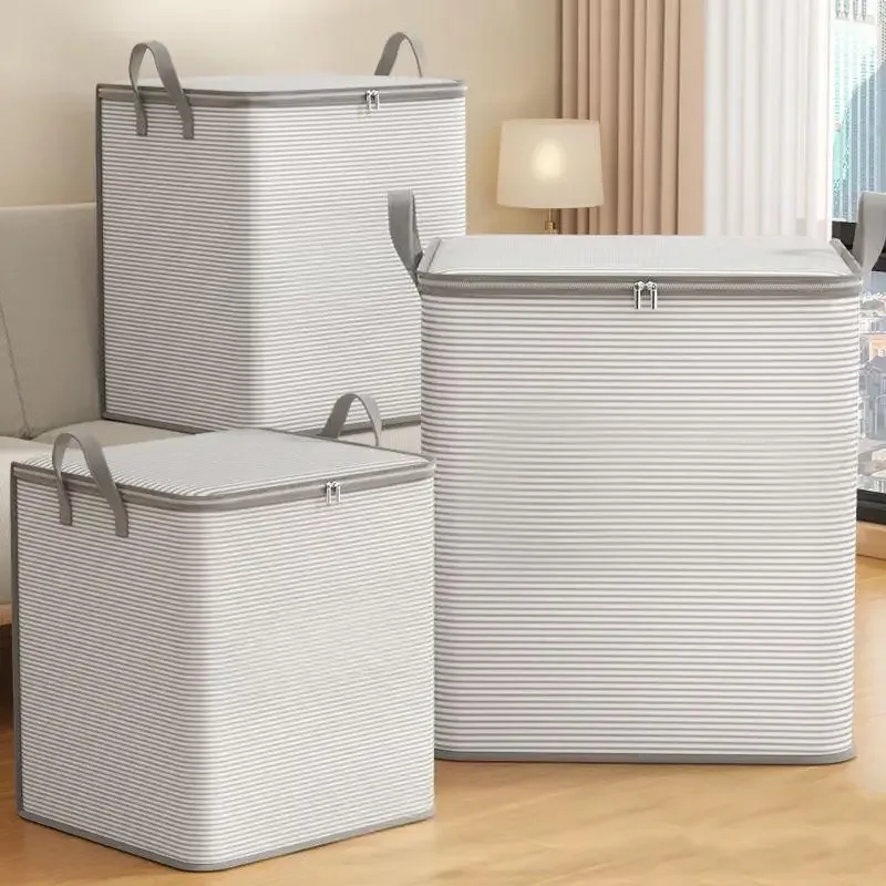 Sac de rangement à fermeture éclair rayé gris, grande capacité, anti-poussière, pour usage domestique et rangement classifié