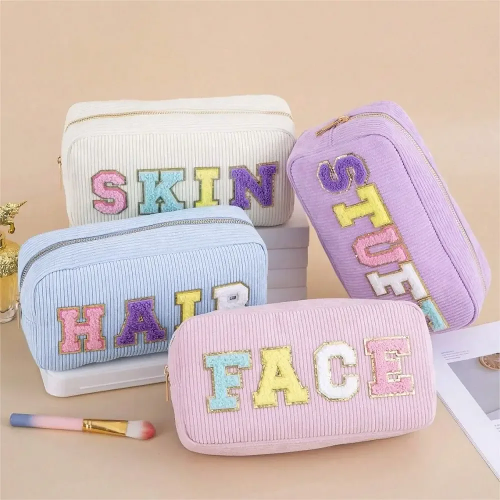 sac de rangement en velours côtelé rose beige bleu violet broderie lettre sac de voyage maquillage grande capacité organisateur de rouge à lèvres femmes filles