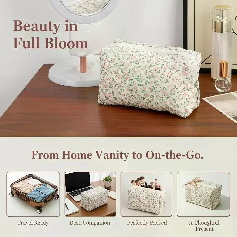 Trousse de Maquillage Rose Matelassée à Motifs Floraux, Sac de Rangement Portable pour Monnaie, Pochette de Voyage à Fermeture Éclair, Pochette Cosmétique Multi-Usages