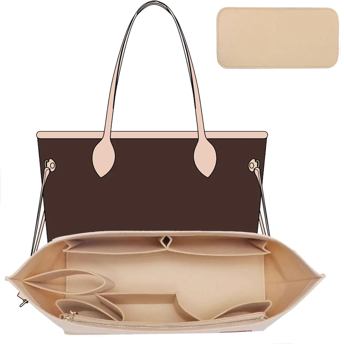 ensemble de 2 pièces d'insertion d'organisateur de sac à main pour sacs à main, organisateur de sac en feutre pour fourre-tout et sac à main, insert d'organisateur de sac fourre-tout, pour lv neverfull
