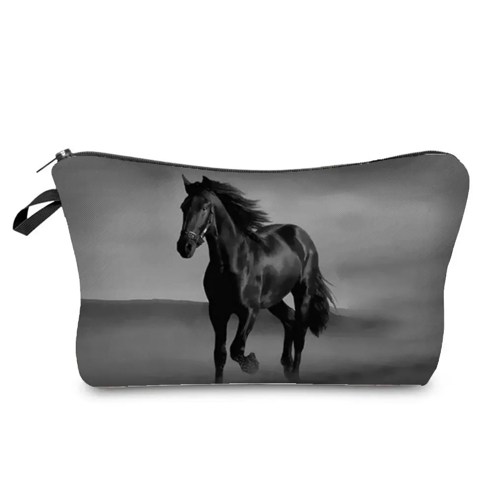 sacs de maquillage imprimés cheval pour femmes, sac à cosmétiques décontracté pour filles, mini trousse de toilette écologique réutilisable de voyage, trousse à crayons pour étudiants