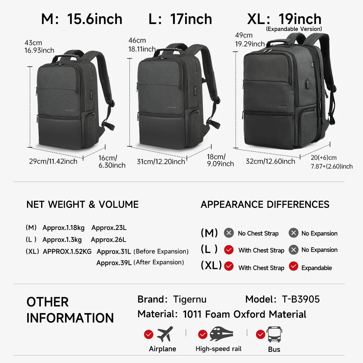 tigernu hommes sac à dos extensible 15.6-19 pouces sac à dos pour ordinateur portable pour hommes rfid anti-vol sac de voyage cartable cabine sacs sac à dos