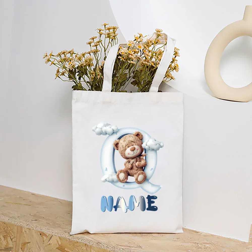 sacs fourre-tout en toile college nuage ours et alphabet personnalisés, sacs à main personnalisés de grande capacité, cadeaux de portabilité pour la rentrée scolaire