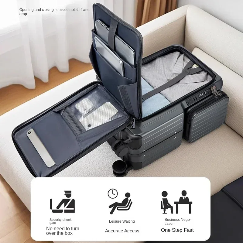 valise à bagages à main à ouverture frontale, boîtier de chariot multifonctionnel de 20 pouces, cabine de voyage, verrouillage par mot de passe, étui à bagages, sacs de voyage