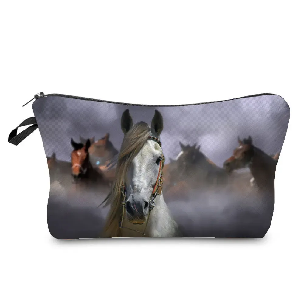 sacs de maquillage imprimés cheval pour femmes, sac à cosmétiques décontracté pour filles, mini trousse de toilette écologique réutilisable de voyage, trousse à crayons pour étudiants