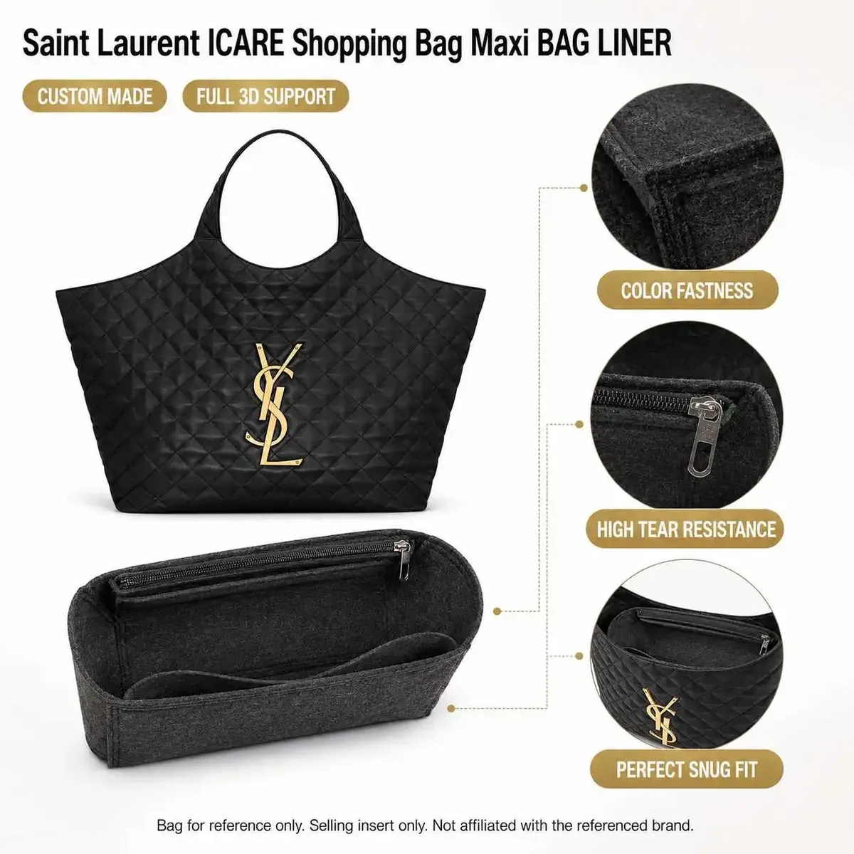organisateur de sac compatible avec le sac shopping saint laurent icare maxi, doublure de sac imperméable et fine avec poche zippée 35 x 6 x 24 cm