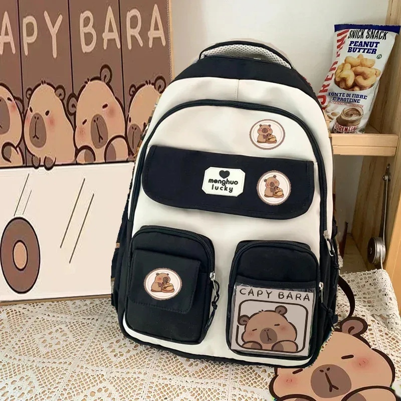 dessin animé capybara école sac à dos étudiant pochette d'ordinateur tissu imperméable sangle réglable sac de voyage décontracté avec plusieurs poches