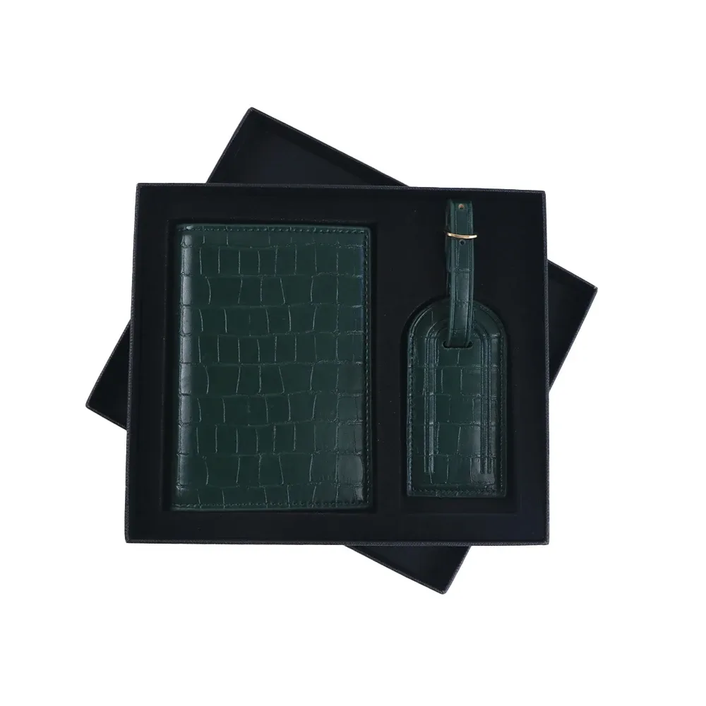 étiquette de bagage personnalisée en cuir pu motif peau de crocodile + porte-passeport, coffret cadeau, accessoires de sac