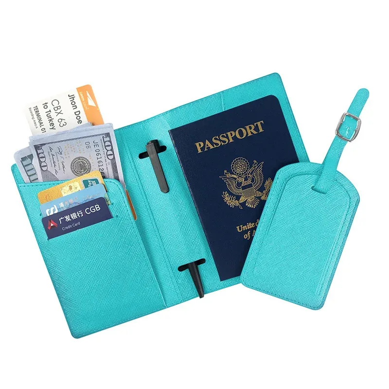 lettres personnalisées saffiano pu cuir voyage passeport couverture bagages étiquette ensemble multifonctionnel stylo billet carte de crédit porte-passeport
