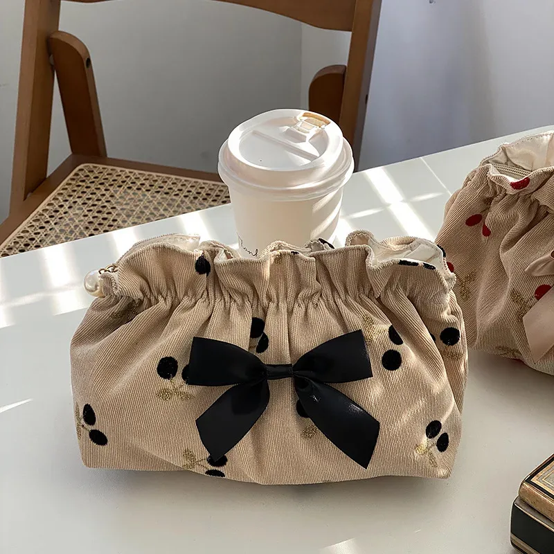 sac à cosmétiques en velours côtelé imprimé cerise pour femmes, sacs de maquillage de grande capacité pour rouge à lèvres, sac de rangement de voyage pour femmes