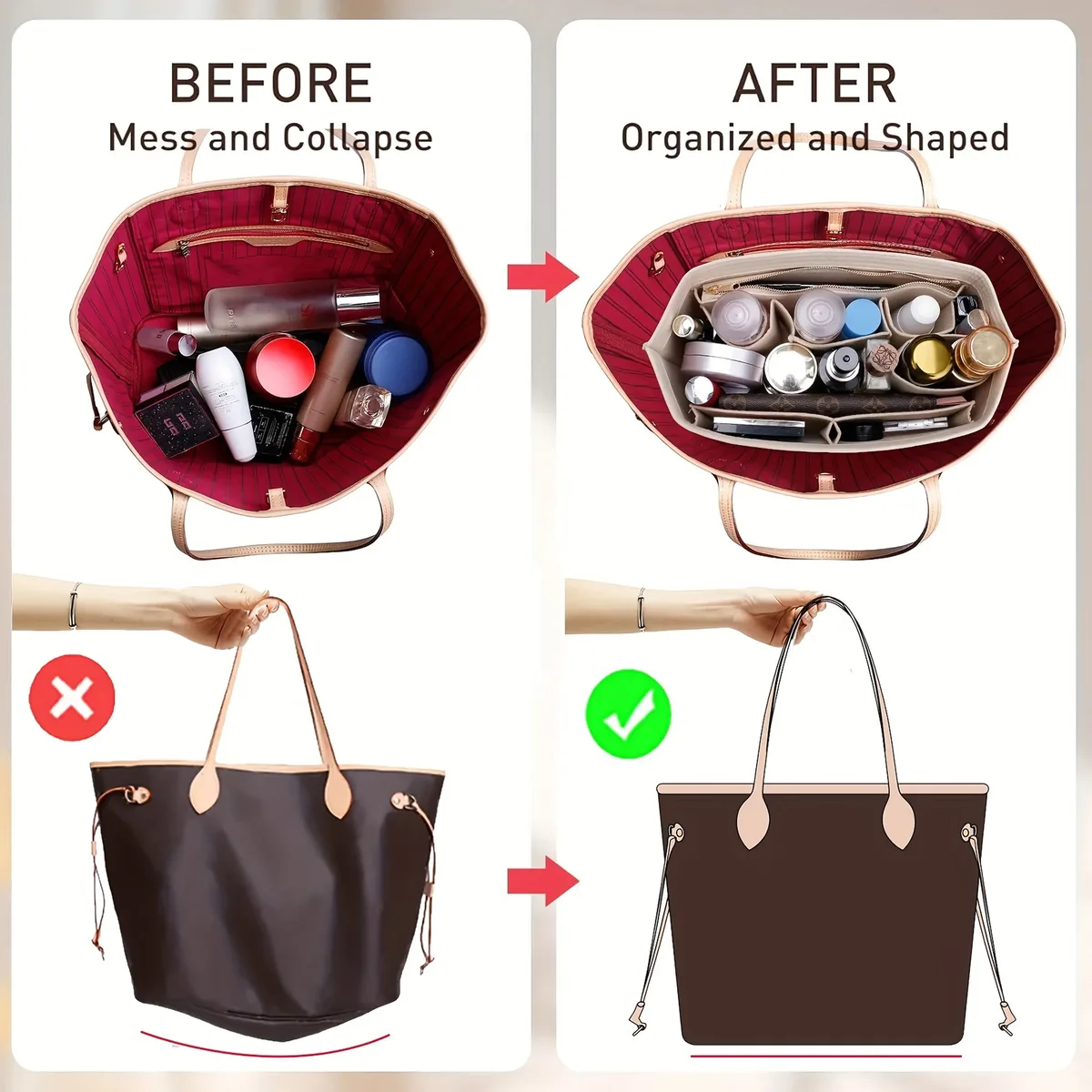 organisateur de sac à main en feutre avec fermeture éclair, lot de 2 pièces, grand format, pour sacs fourre-tout, 3 tailles