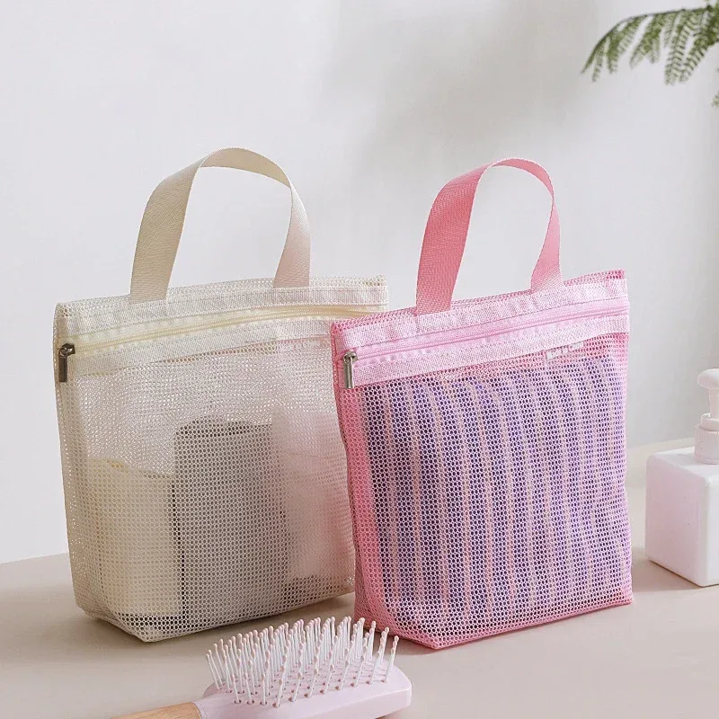 sacs de rangement de maquillage et de toilette en maille, sacs à main portables de voyage, lavage du corps, outils de douche, organisateur suspendu, pochette de rangement de cosmétiques