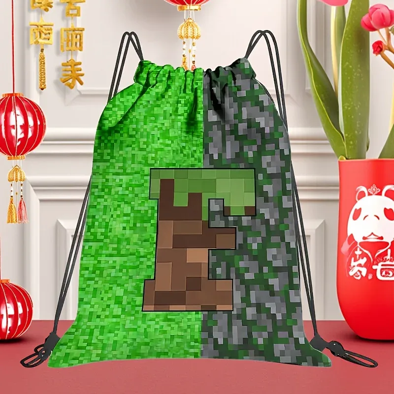sac à dos à cordon de serrage de grande capacité pour jeux vidéo, avec lettrage pixelisé, unisexe, motif géométrique multicolore, 1 pièce