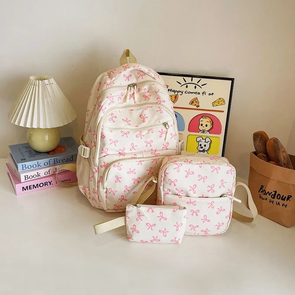 lot de 3 sacs à dos mignons grande capacité avec nœud, imprimé nœud, bretelles réglables, sac à dos d'étudiant en nylon, sac à dos de voyage