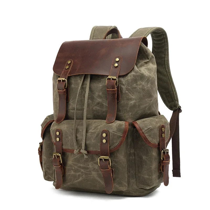 sac à dos en toile de cire d'huile pour femmes, sac de voyage vintage étanche de grande capacité, mochila en cuir pour ordinateur portable avec cordon