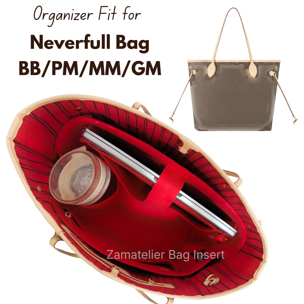 organisateur de sac pour neverfull tote bb/pm/mm/gm, doublure en feutre avec pochette pour ordinateur portable et emplacement pour stylo