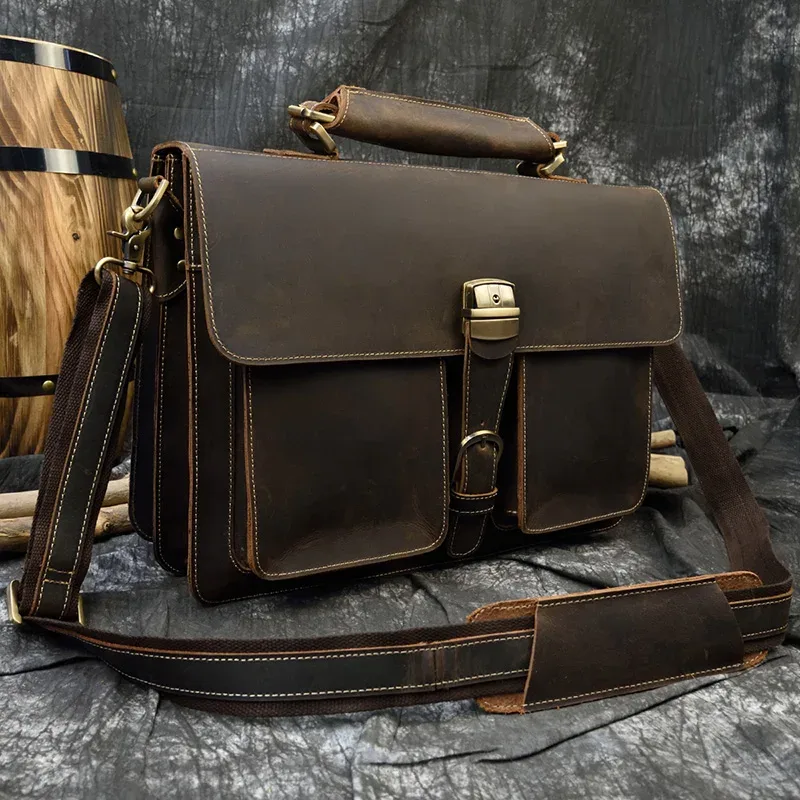 sac d'ordinateur en cuir de vachette véritable pour homme, sac pour ordinateur portable, étui à bombes, 100% cuir véritable, mode vintage, luxe, 15.6"