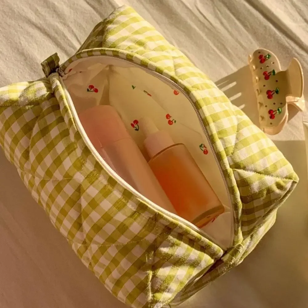 trousse de maquillage en coton matelassé, trousse de toilette portable à carreaux avec fermeture éclair, grande capacité, poudres de soin de la peau, voyage