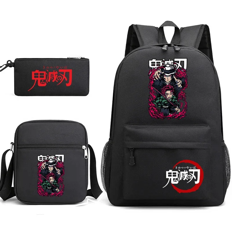 ensemble de sacs à dos d'école imprimés demon slayer, 3 pièces, avec sac à bandoulière, trousse à crayons pour garçons et filles
