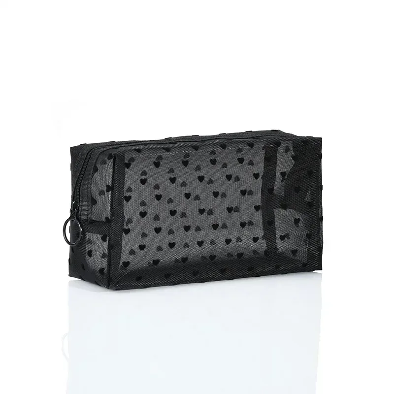 neceser noir coeur voyage sac cosmétique mode maille petit grand sac de toilette pochette de rangement de maquillage sac cosmétique à fermeture éclair transparente