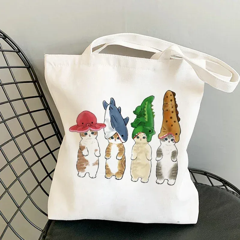 femme sacs à provisions kawaii dessin animé chats amusant sac fourre-tout shopper organisateur décontracté déjeuner sacs à main grande capacité toile sacs à bandoulière