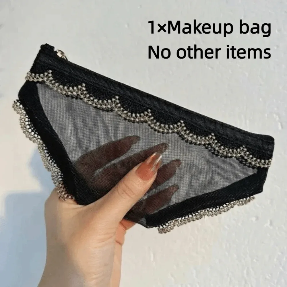 nouvelle trousse de toilette transparente en dentelle en forme de cœur, pochette de rangement pour maquillage en maille y2k, idéale pour les voyages