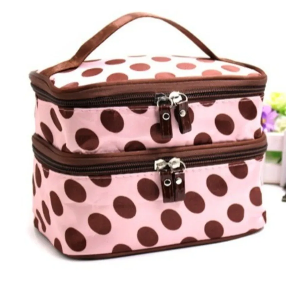 sac de maquillage double couche tendance, grande capacité, à pois, trousse de toilette portable, étui de maquillage de voyage