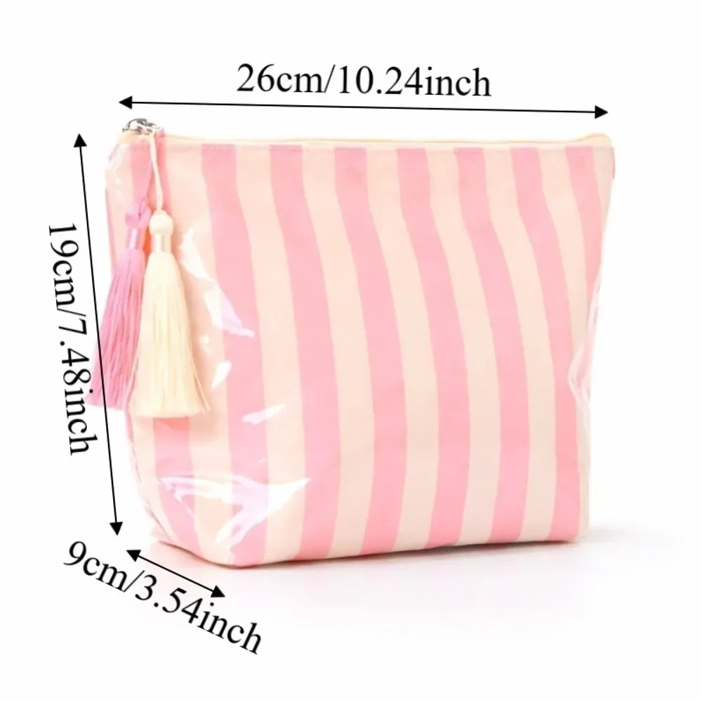 trousse de toilette de voyage portable à franges grande capacité design mignon sac cosmétique rayé en pvc fermeture éclair brillante pochette à pinceaux de maquillage