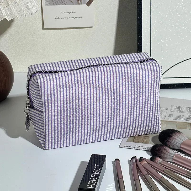trousse de toilette rayée en mousseline bulle, sac de voyage portable, grande pochette de rangement pour maquillage, trousse de maquillage pour étudiant