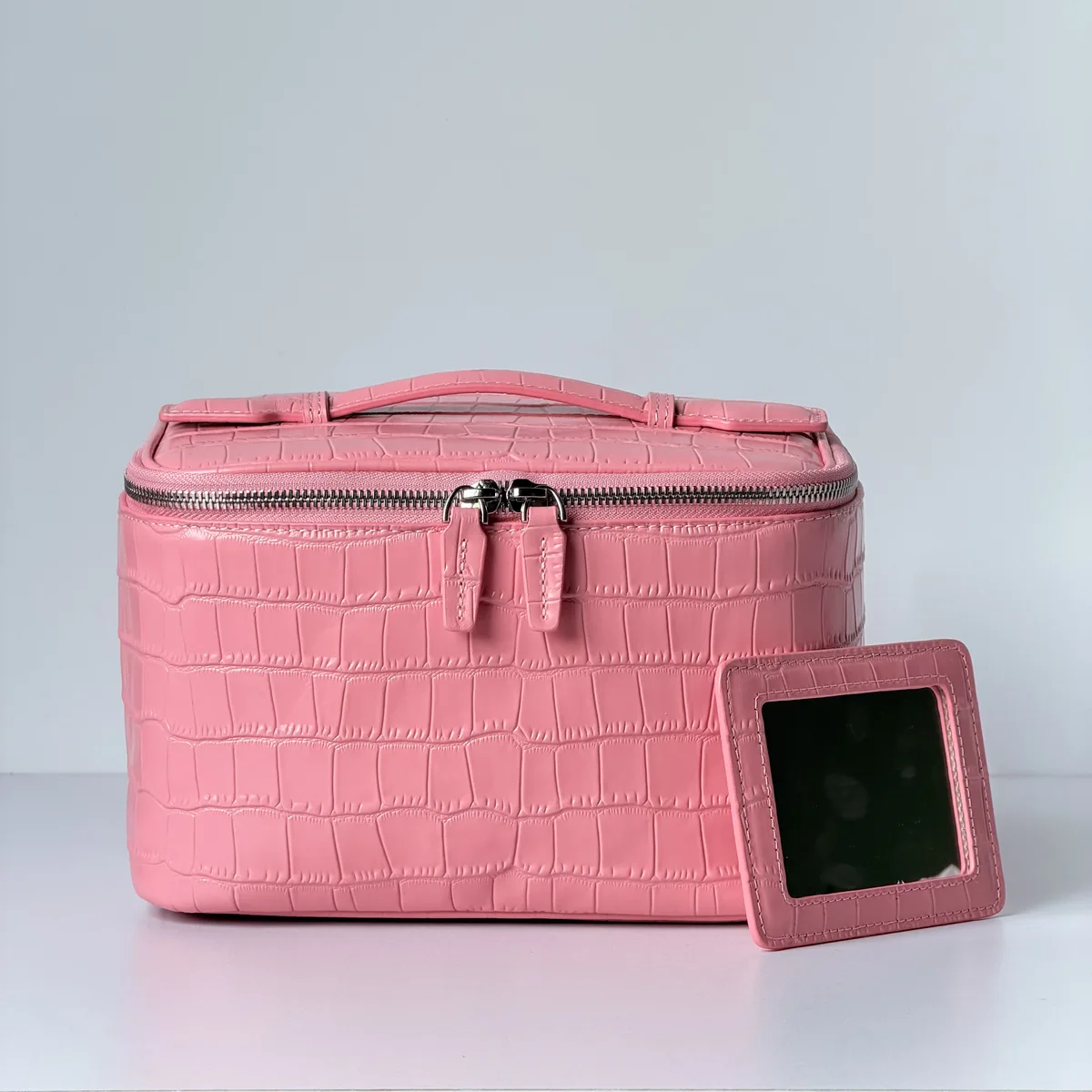 sac à cosmétiques en cuir de vachette rose à motif crocodile, sac de toilette de luxe de grande capacité, en cuir véritable, pour voyage, rangement portable, trousse de toilette