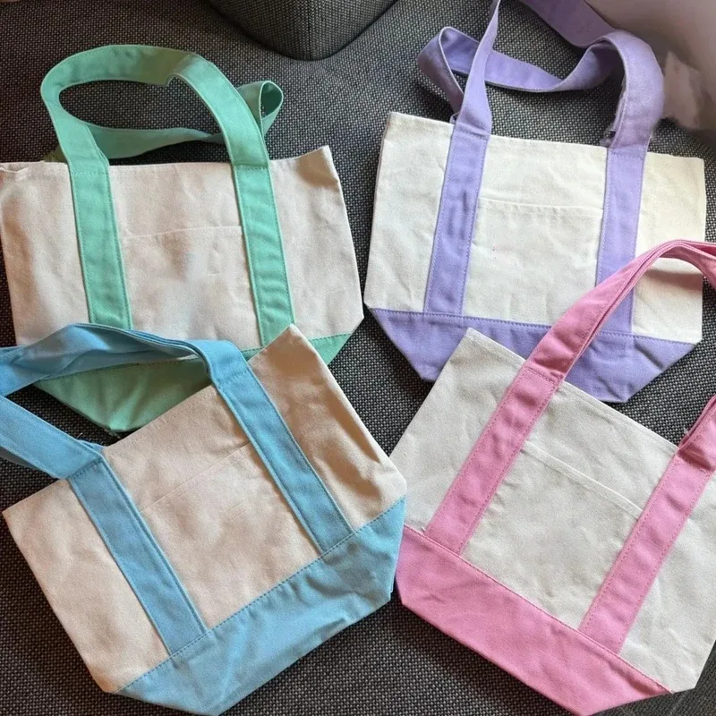 sac de shopping en toile tendance avec coutures colorées, sac à main pour trajets quotidiens, sac à bandoulière simple, doux et confortable, sac de rangement écologique pour le déjeuner