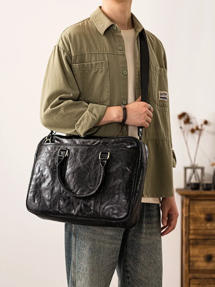 porte-documents simple et décontracté en cuir véritable pour hommes, grande capacité, travail d'affaires, luxe, cuir de vache, avocat, noir, sac à main pour ordinateur