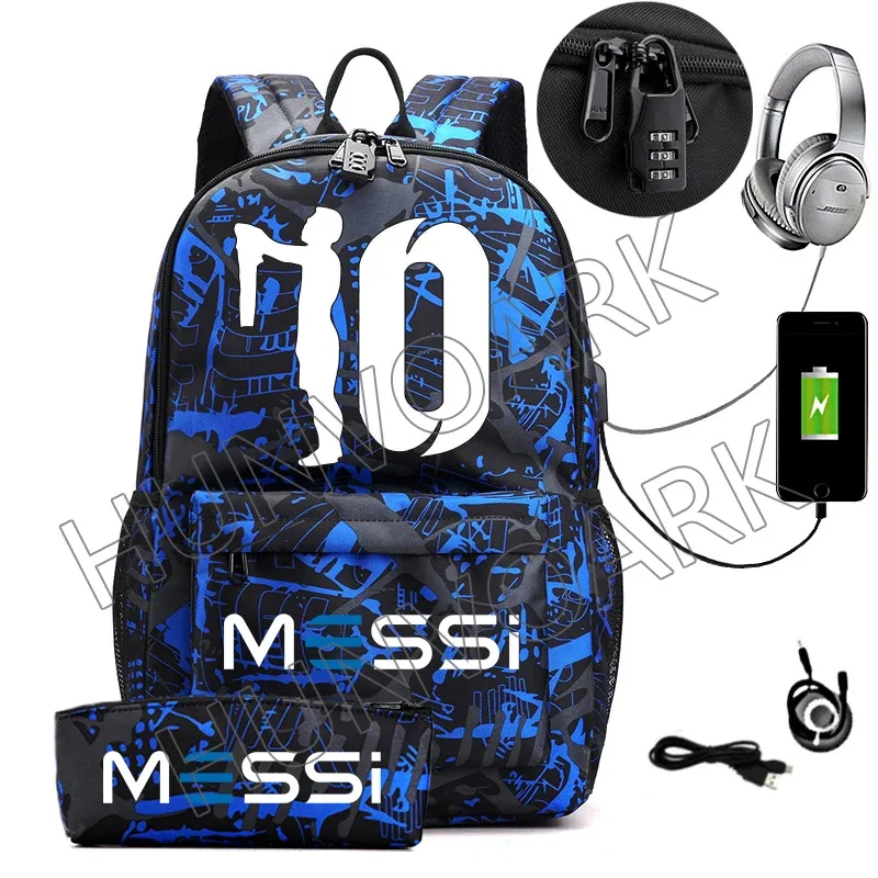 2 pièces messi sac à dos an-ti lock usb femmes hommes capacité adolescents sacs d'école pour ordinateur portable décontracté lycéens mochilas